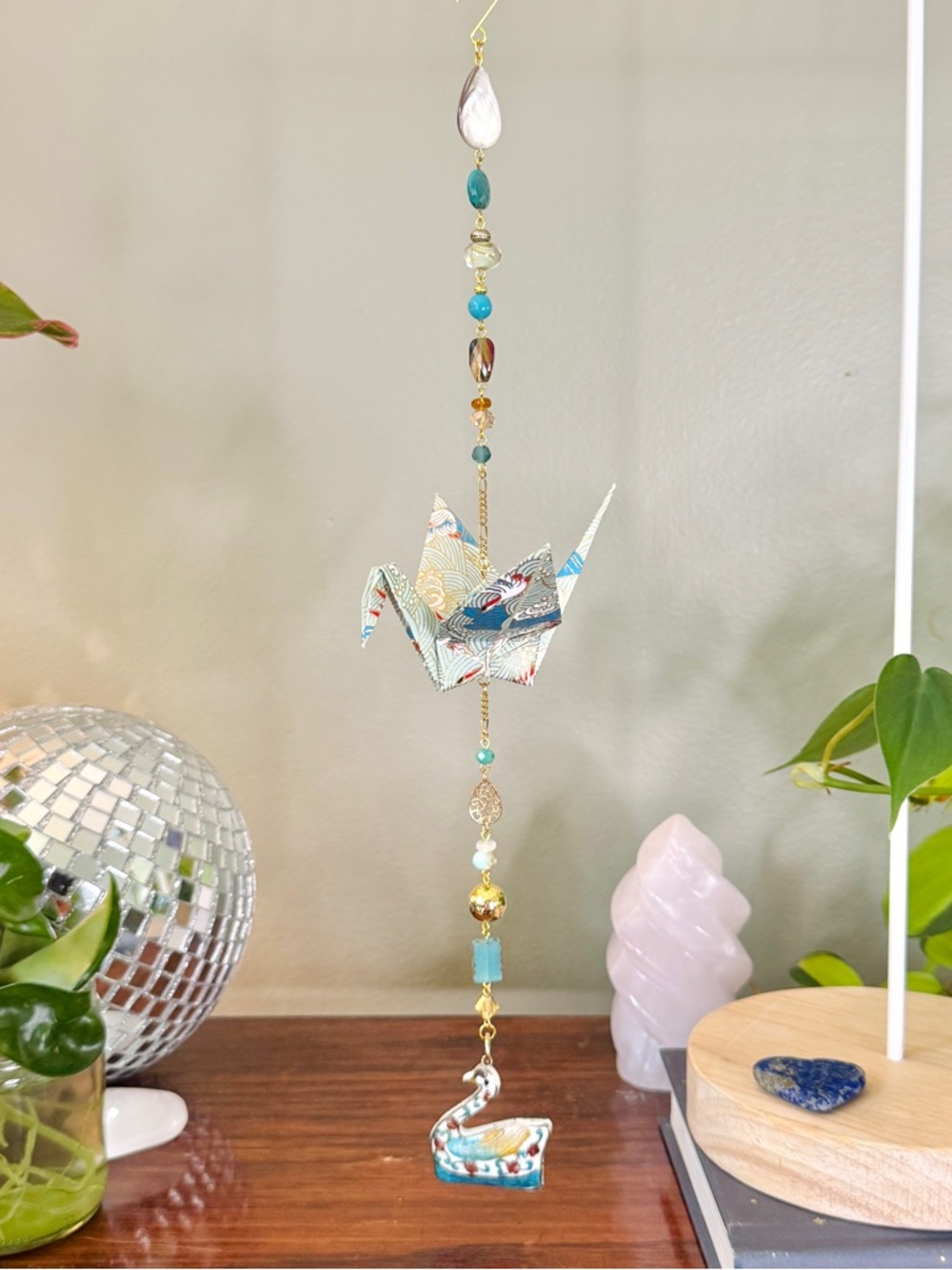 Origami Ornament #2513 - Large Chiyogami Paper Crane with Cloissoné Swan Pendant